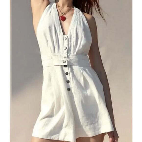 Free People Pants - Free People NWT Ivory Linen Blend M Halter Boho Romper Button Front Summer